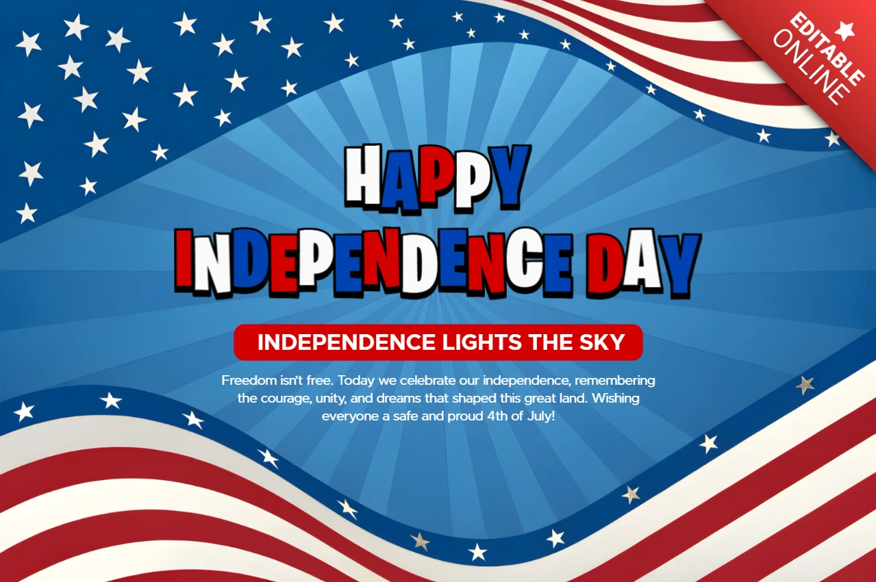 Template de celebração do Dia da Independência dos EUA com estrelas e listras e design de texto divertido