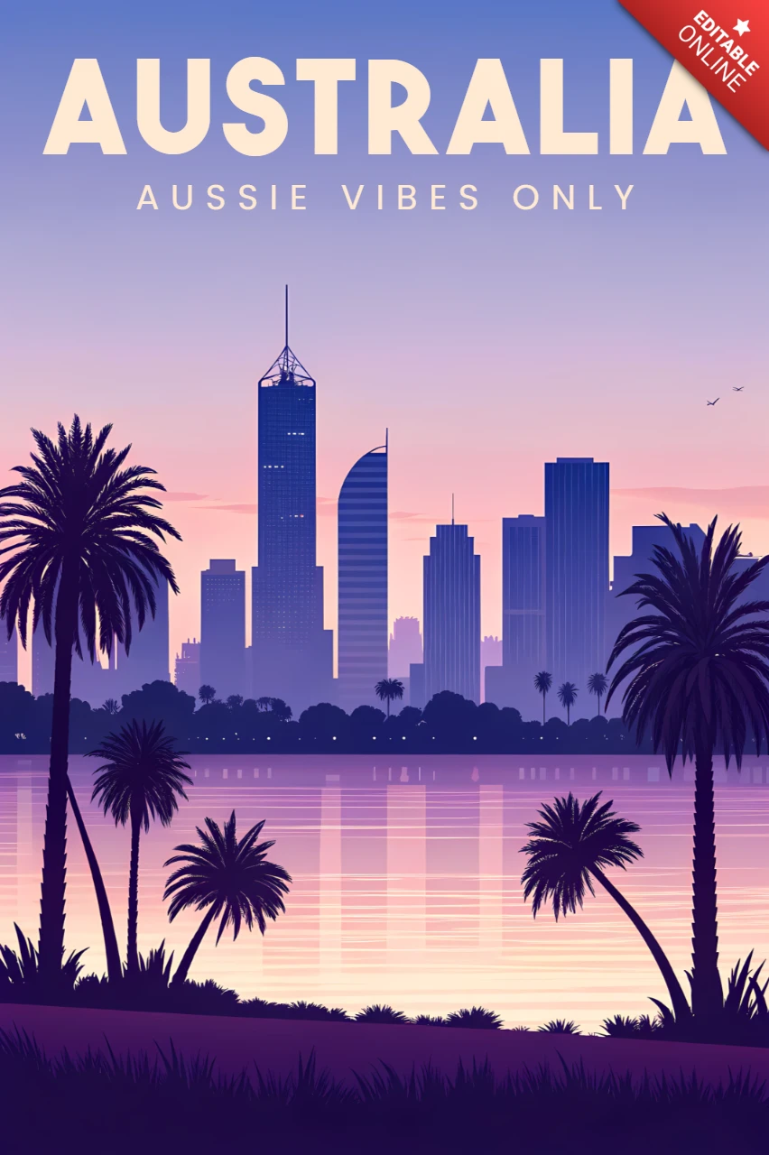 Conception de coucher de soleil violet en Australie avec paysage urbain pour modèle d'affiches de voyage rétro.