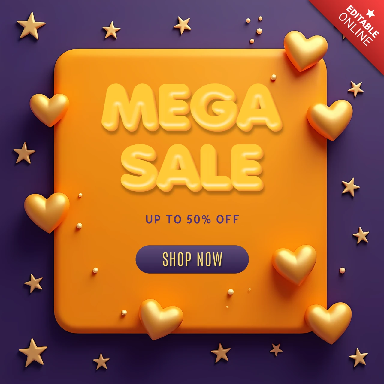 Atractiva plantilla de banner de mega ventas con diseño 3d de corazones y estrellas