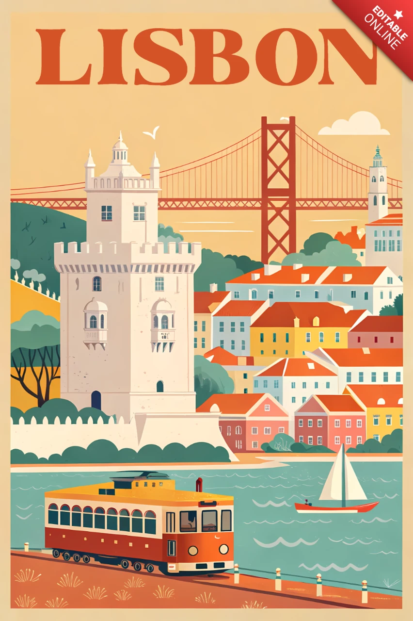 Lisbon Vintage Style Travel Poster Template Design Featuring Tram and Iconic Landmarks