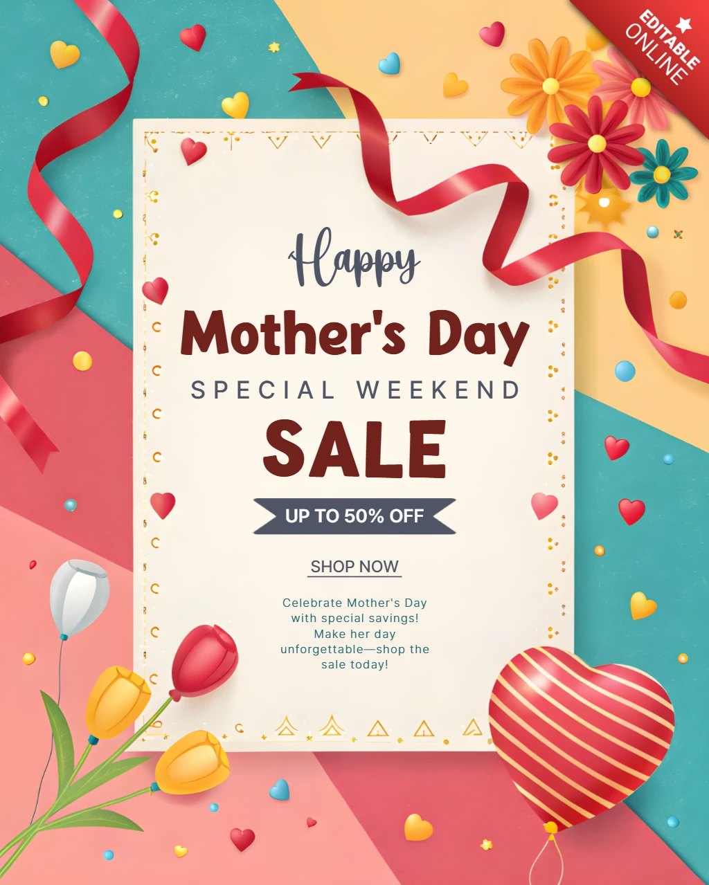 Colorful Mother's Day Sale Template Design with Floral and Heart Elements