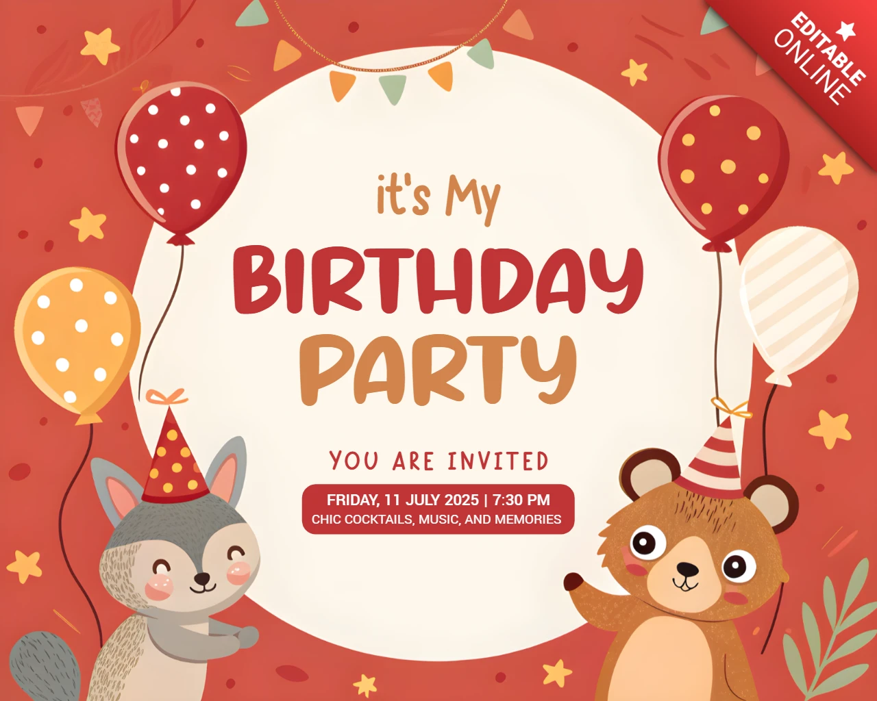 Modello di invito per festa di compleanno con animali stravaganti - design modificabile per bambini