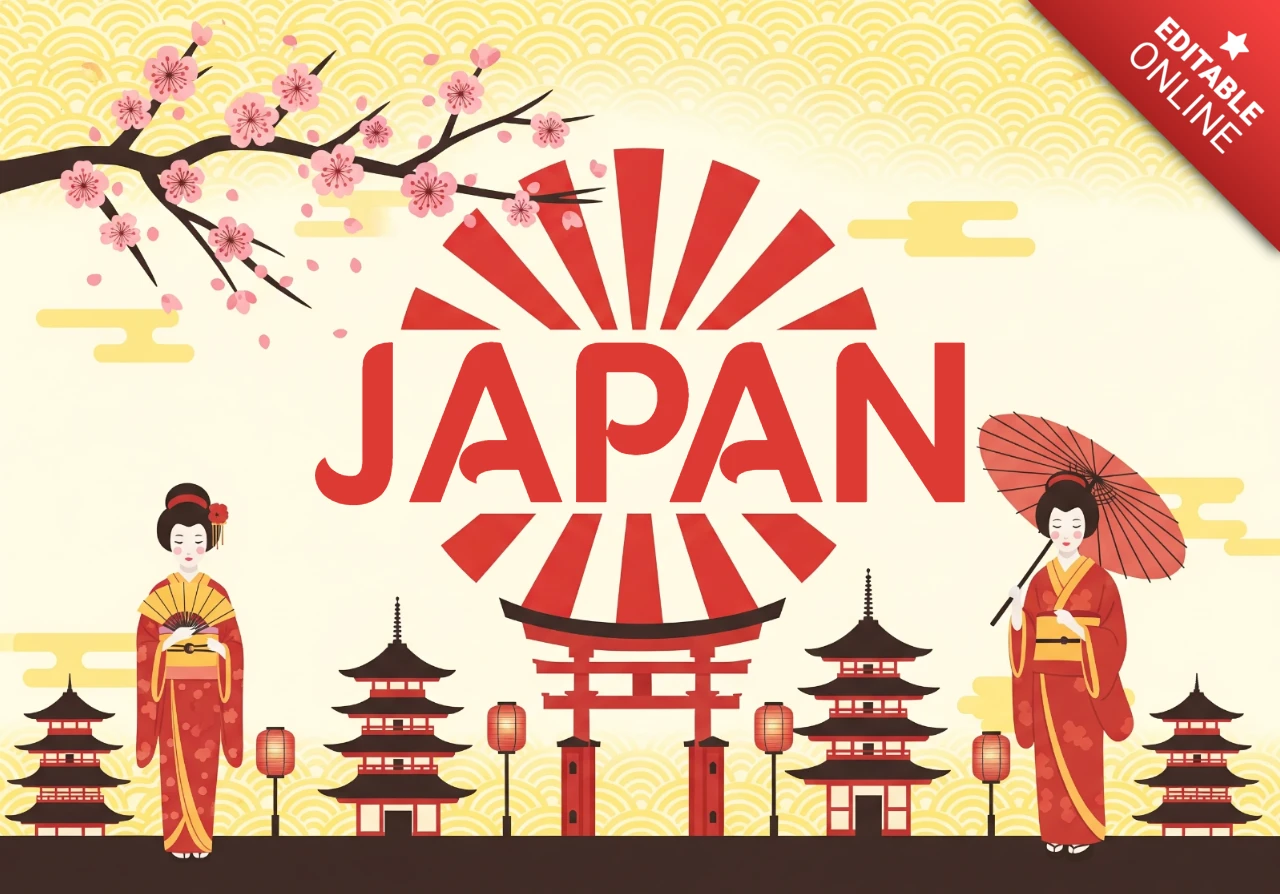 Pôster de cultura do Japão com mulheres em quimono, portão torii, pagodes e flores de cerejeira em cena estilizada de patrimônio.