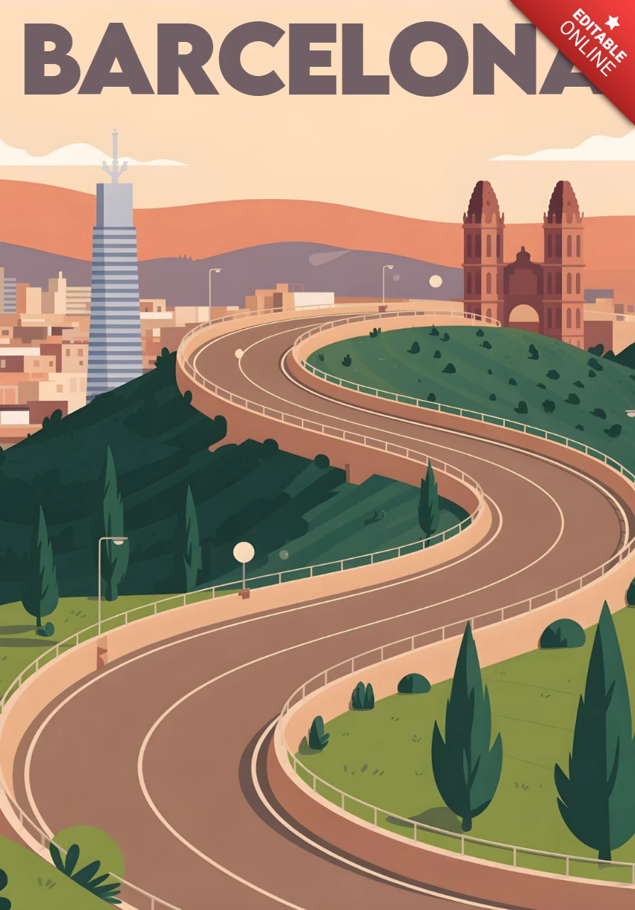 Route sinueuse vers le paysage urbain avec ciel au coucher du soleil modèle de posters de voyage à Barcelone