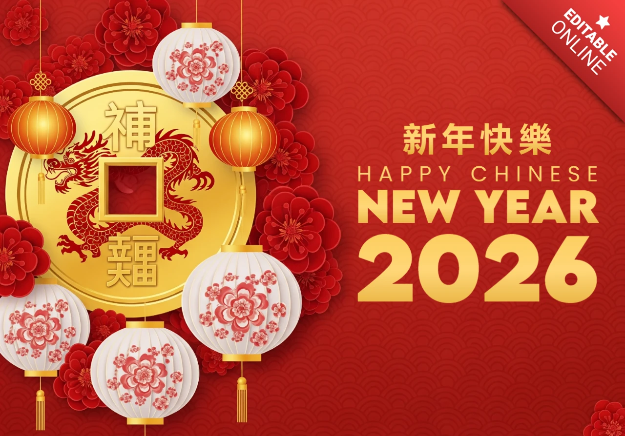 2026 Chinese New Year Celebration Poster Traditional Red-Gold Design with Dragon Emblem, Clouds & Lanterns