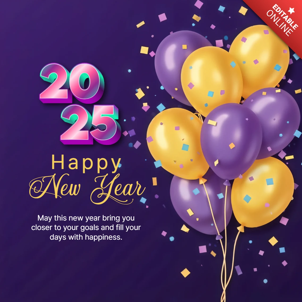 Modèle de conception de la bonne année 2025 pour les ballons violets