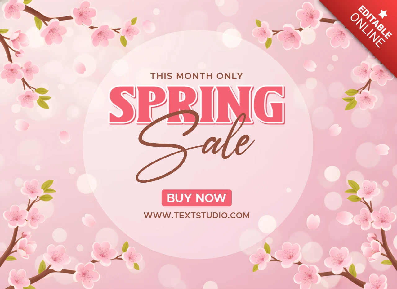 Modèle de bannière de vente printanière festive avec des fleurs, un fond rose et une typographie promotionnelle.