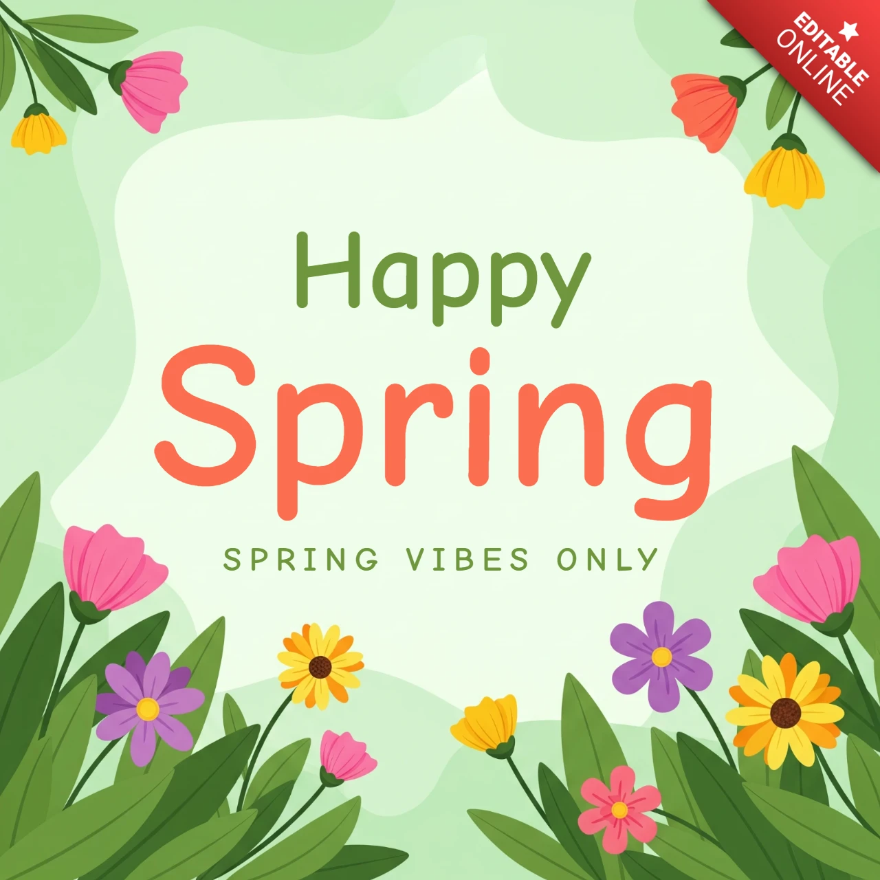 Plantilla de diseño de tarjeta de saludo de primavera feliz con flores decorativas, hojas verdes y estilo pastel festivo.