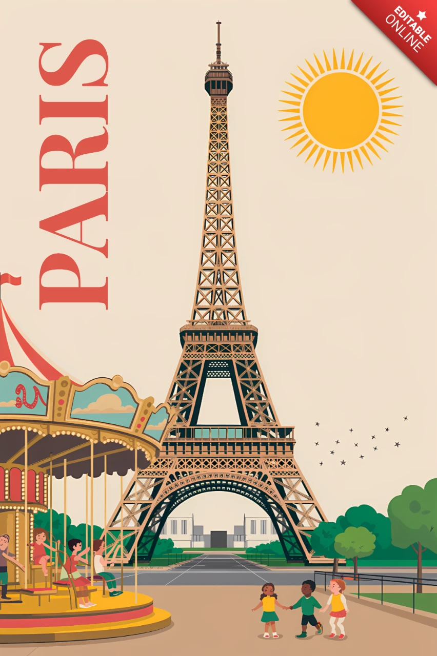 Paris Vintage Trocadéro Carousel Illustration for Travel Posters and Postcards Template