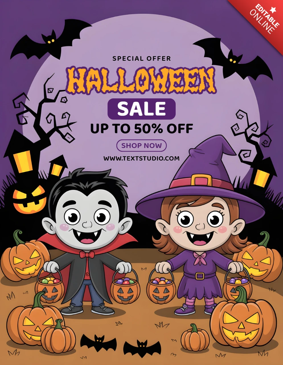 Halloween Discount Banner Special Offer Template with Festive Characters & Starry Sky Design