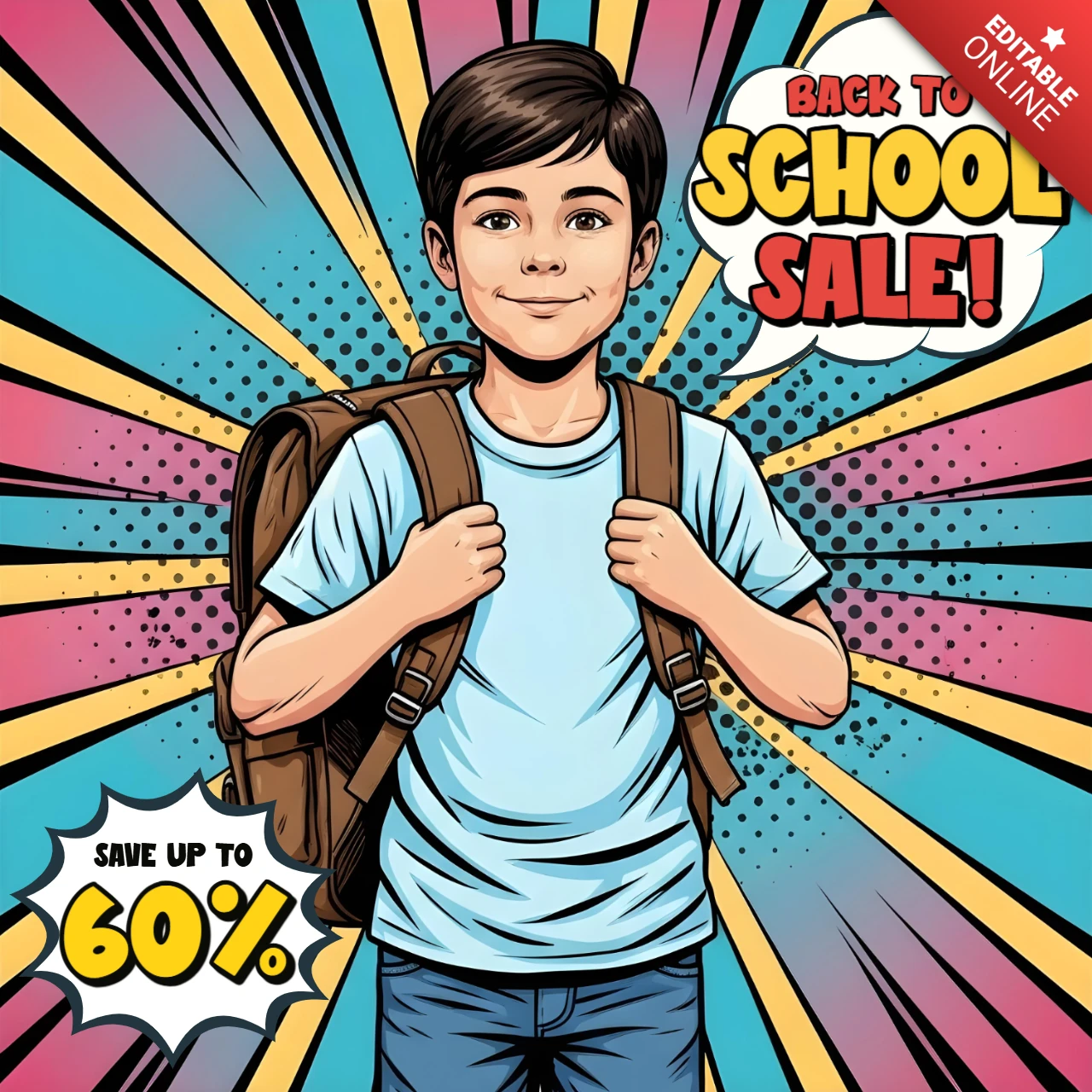 Comic-Pop-Art-Schulanfang kräftiger Ausbruchshintergrund mit Schüler- und Verkaufsbotschaft Banner-Designvorlage für Werbeflyer