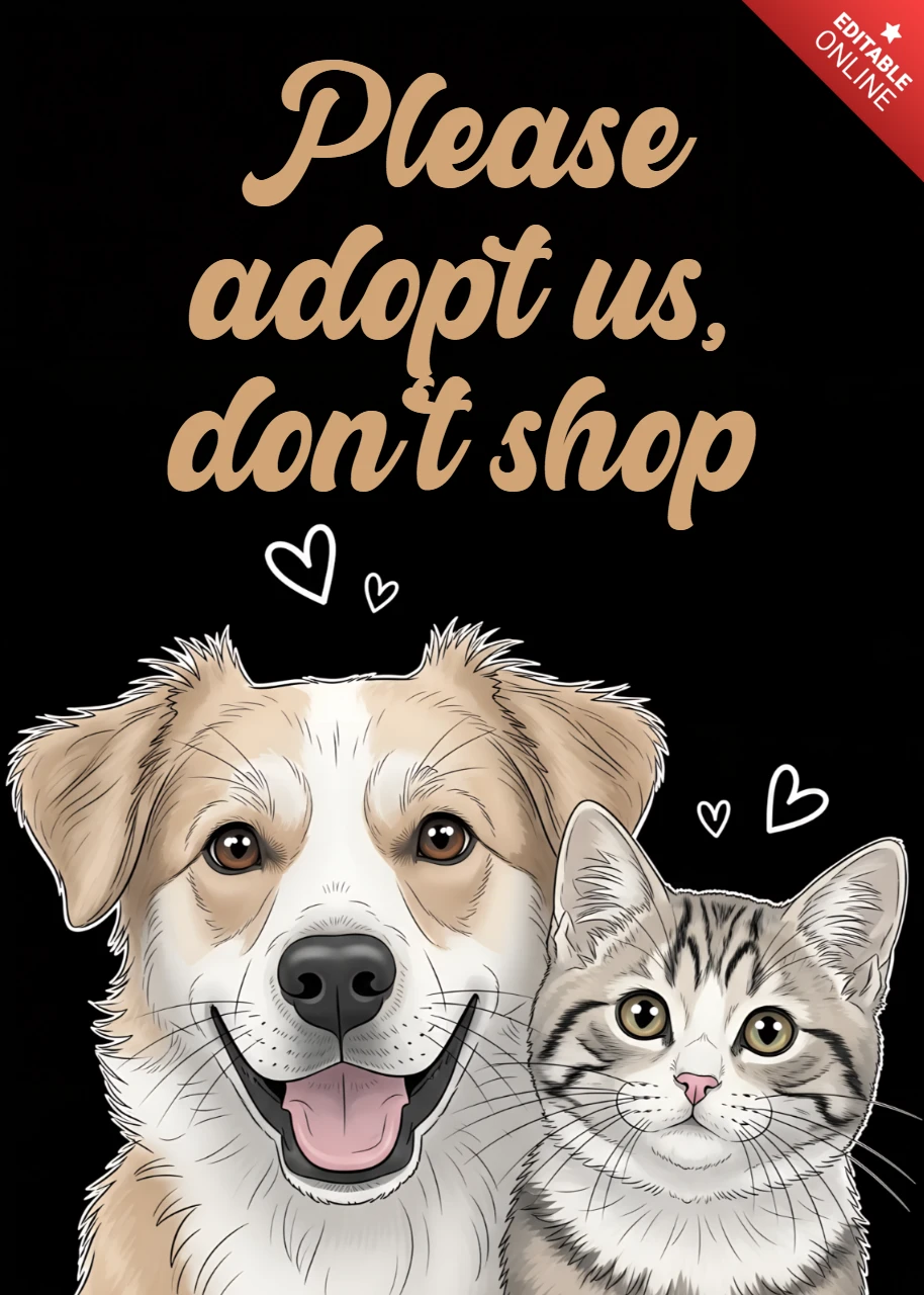 Modello di design per l'adozione di animali con un cane e un gatto carini per manifesti