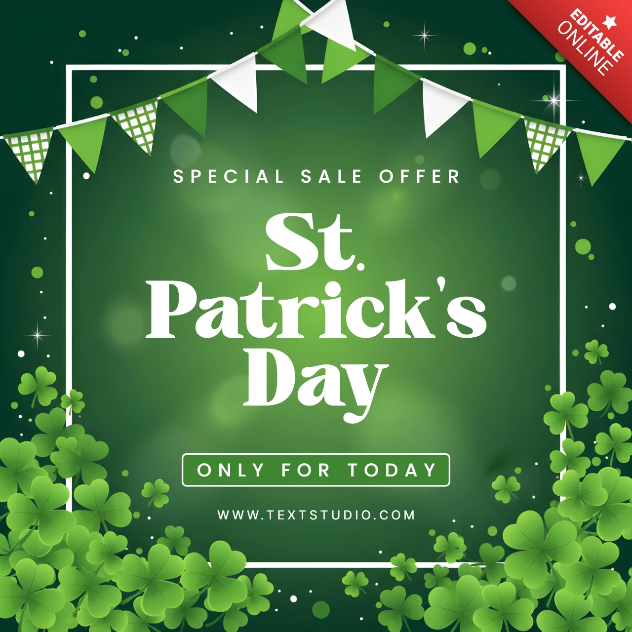 Modèle d'affiche de vente pour la Saint-Patrick avec des trèfles, un chapeau de leprechaun et une banderole festive.