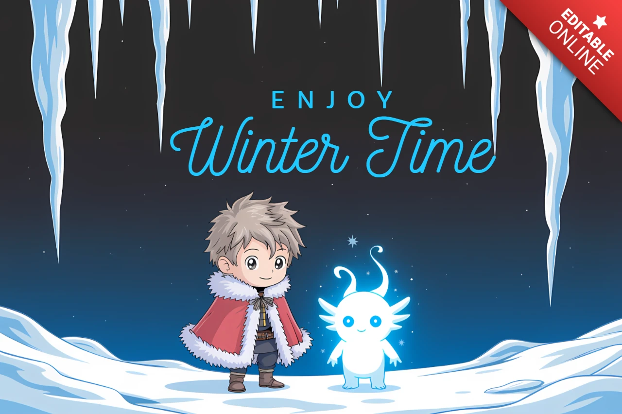 Winterzeit-Designvorlage mit niedlichem Charakter und Eiselement für Grußkarten