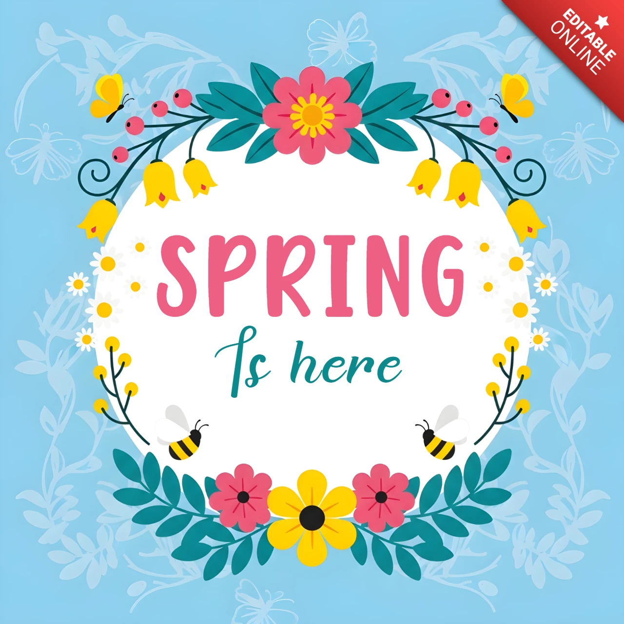 Plantilla de diseño floral de primavera para tarjetas de felicitación con abejas y flores coloridas