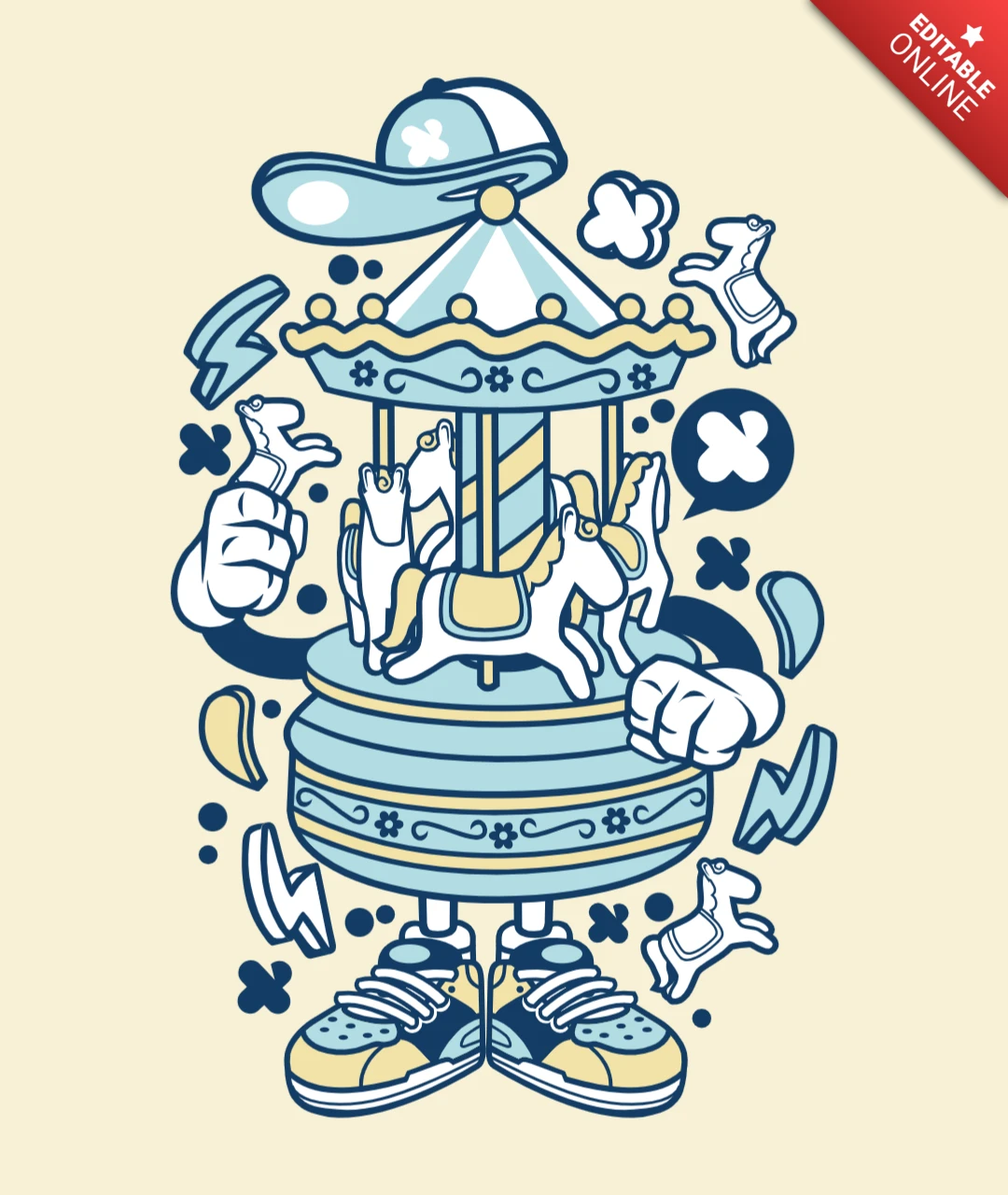 Merry-go round carrusel personaje de dibujos animados plantilla de diseño de camiseta