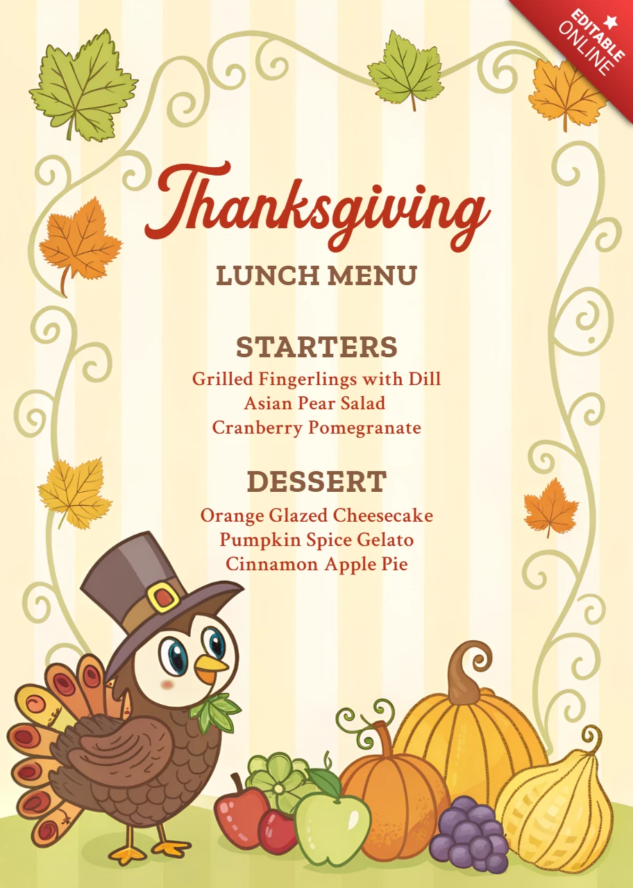 Thanksgiving Menu Design Template with Cute Turkey and Autumn Elements for Holiday Events