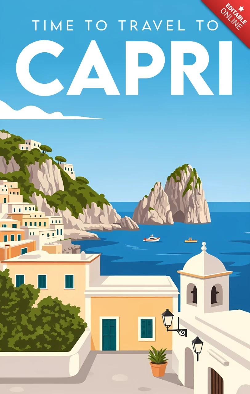 Template de cartaz de viagem para Capri com ilustração costeira vibrante