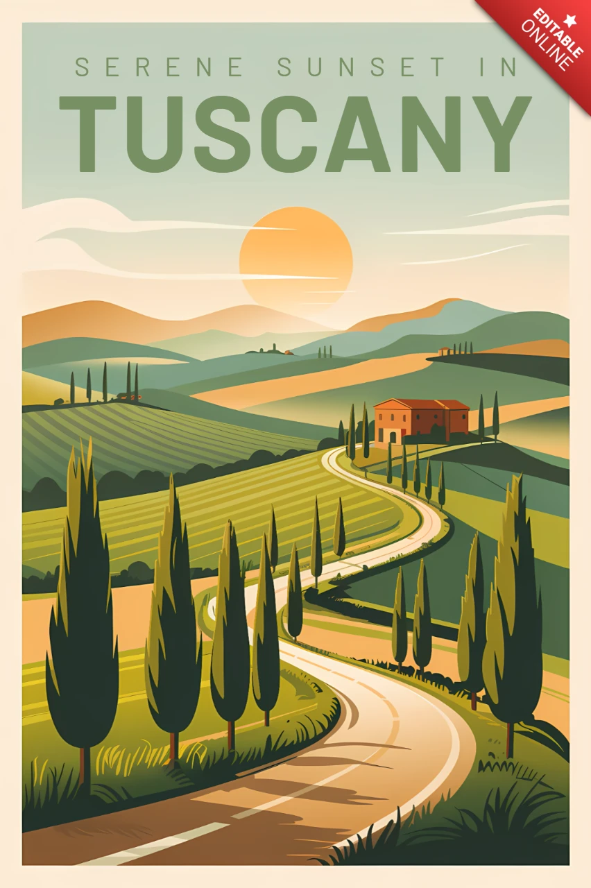 Template de design para pôsteres de viagem com pôr do sol sereno na Toscana.
