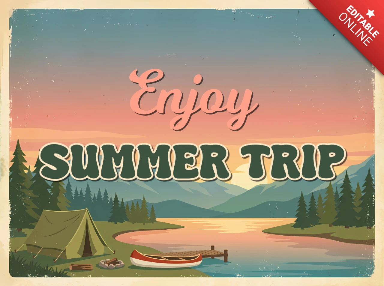 Vintage zomerse camping wenskaart met bergmeer, bos en avontuur thema