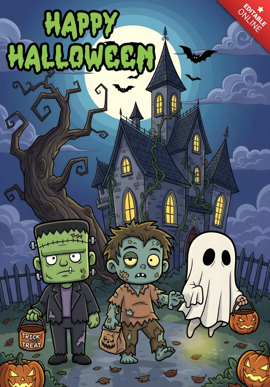 Escena de casa embrujada de Halloween espeluznante con disfraces clásicos, árboles retorcidos y murciélagos voladores, plantilla de diseño para volantes festivos.