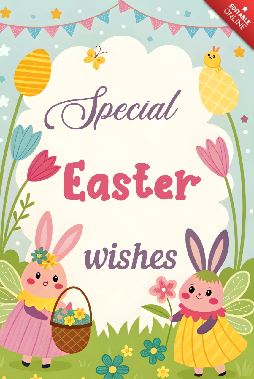 Whimsical Easter Design for Cute Childish Greeting Card Template