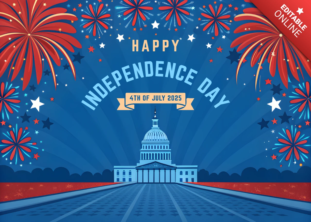 Template di design cartoon per il giorno dell'indipendenza degli Stati Uniti con fuochi d'artificio e edificio del Campidoglio