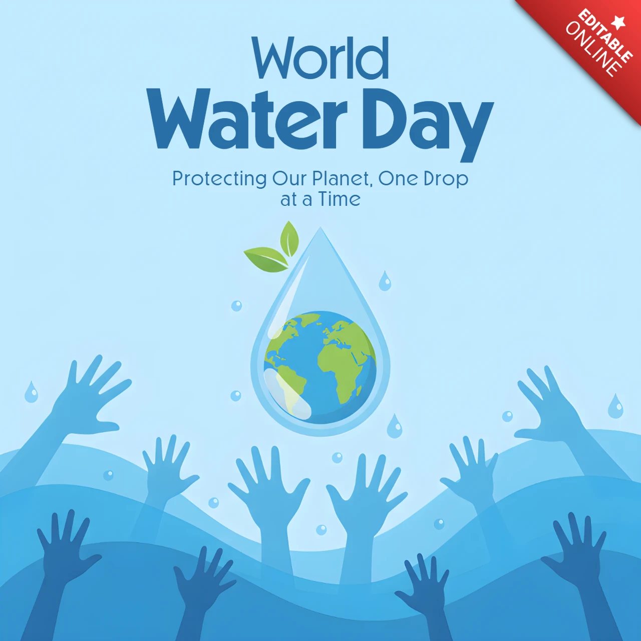 Póster decorativo del día mundial del agua con gota, hojas y olas azules.