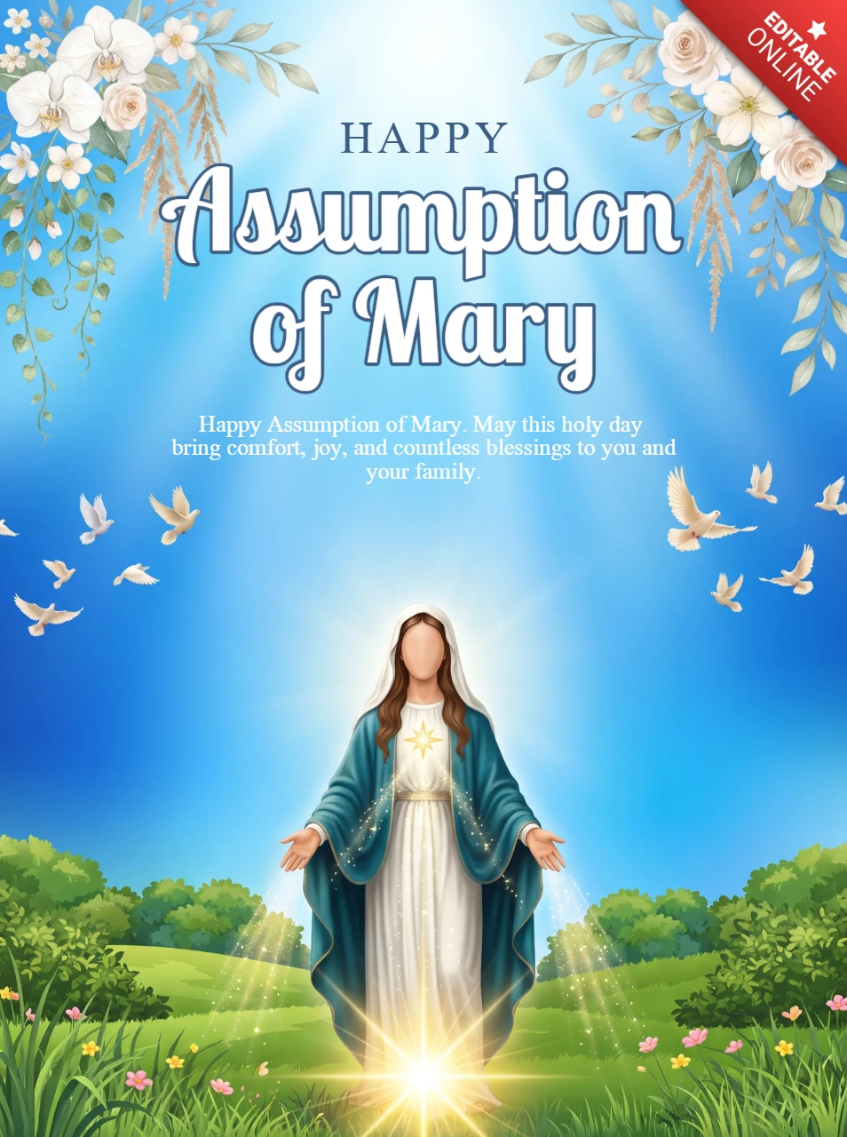 Feast of Assumption Catholic Poster Virgin Mary Halo Glow White Dress Blue Mantle Sacred Artwork Heavenly Clouds