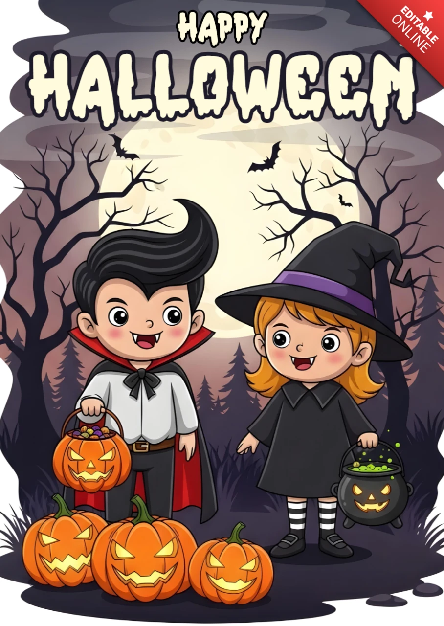 Halloween Night Flyer Kids in Witch & Vampire Outfits with Glowing Pumpkins Design Template for Festive