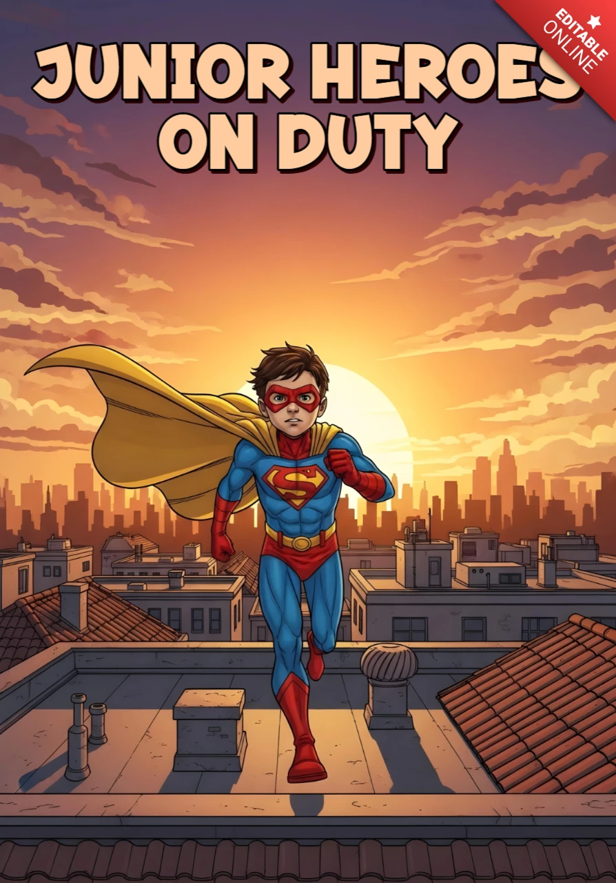 Junior Heroes on Duty Young Superhero on Rooftop at Sunset Poster Design Template