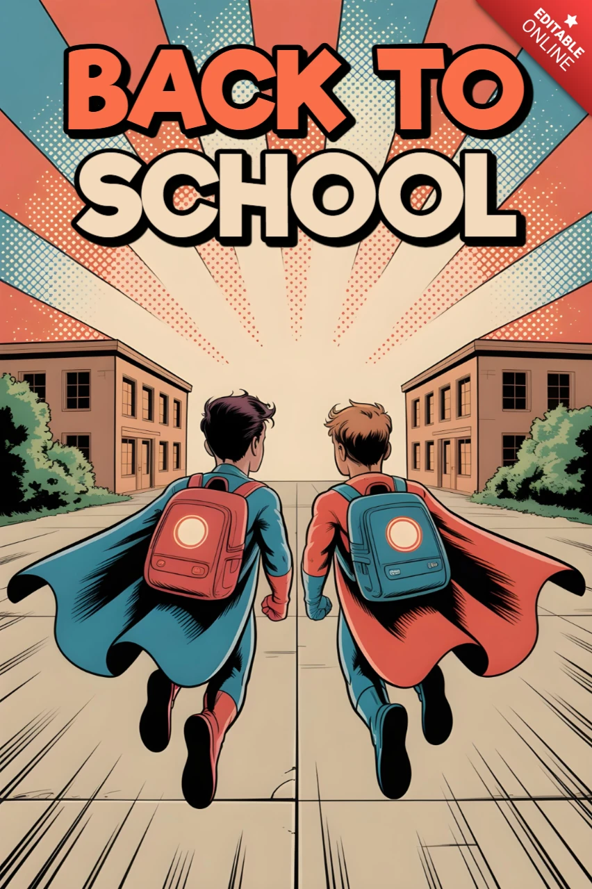 Super-heróis de volta às aulas crianças correndo em direção à escola com fundo de pôster de explosão retrô.