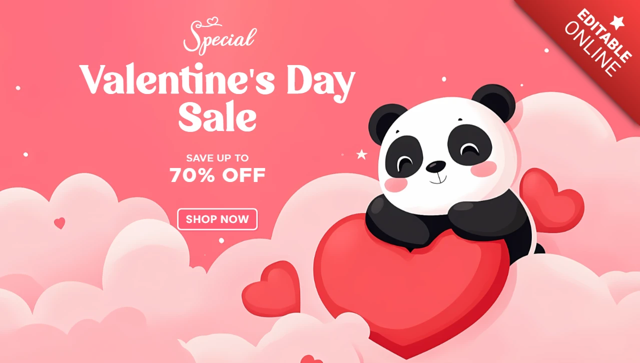 Modèle de conception de vente pour la Saint-Valentin avec des graphiques de panda et de cœur mignons