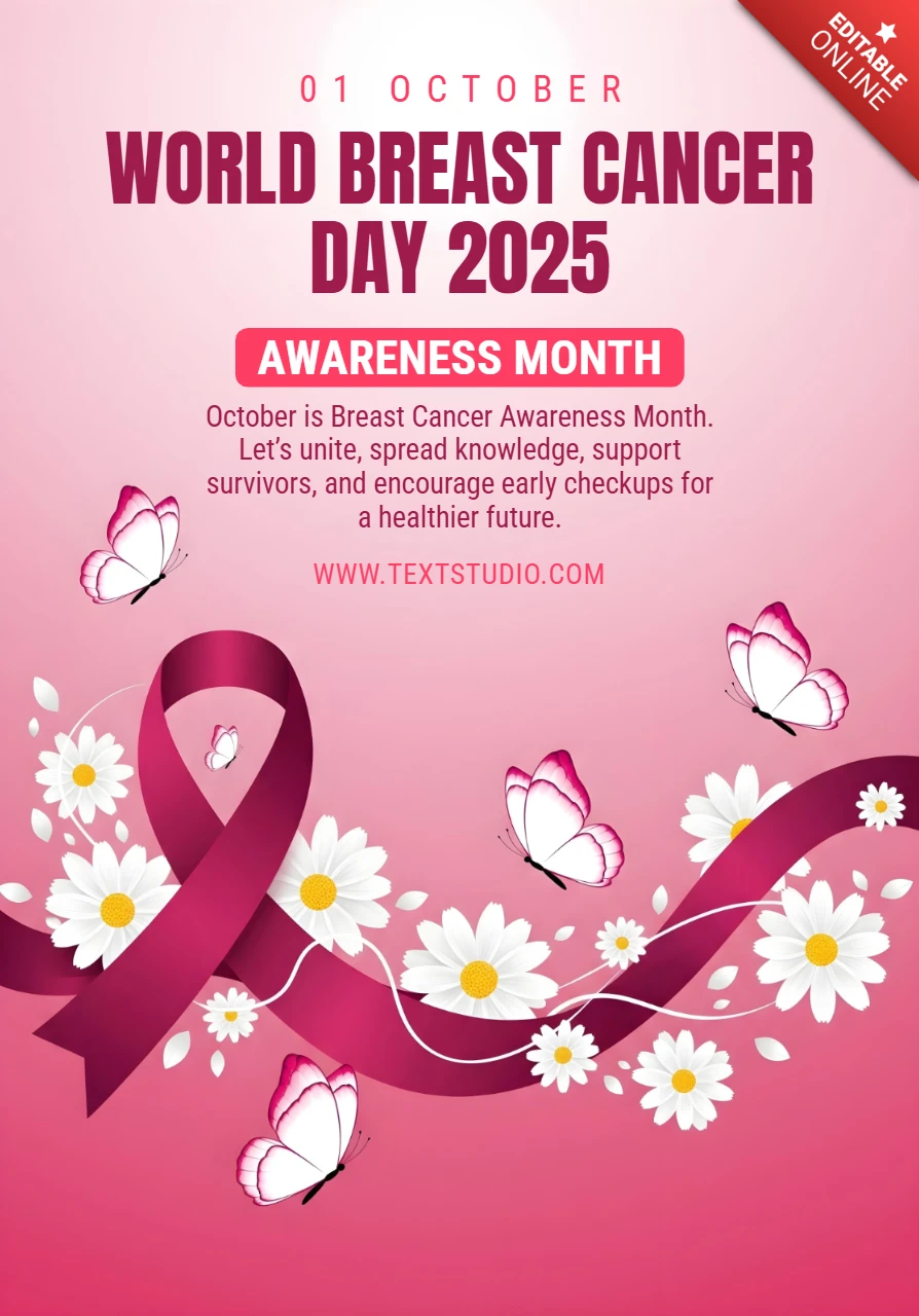 Mese della consapevolezza sul cancro al seno 1 ottobre modello di design poster con nastro rosa e farfalla