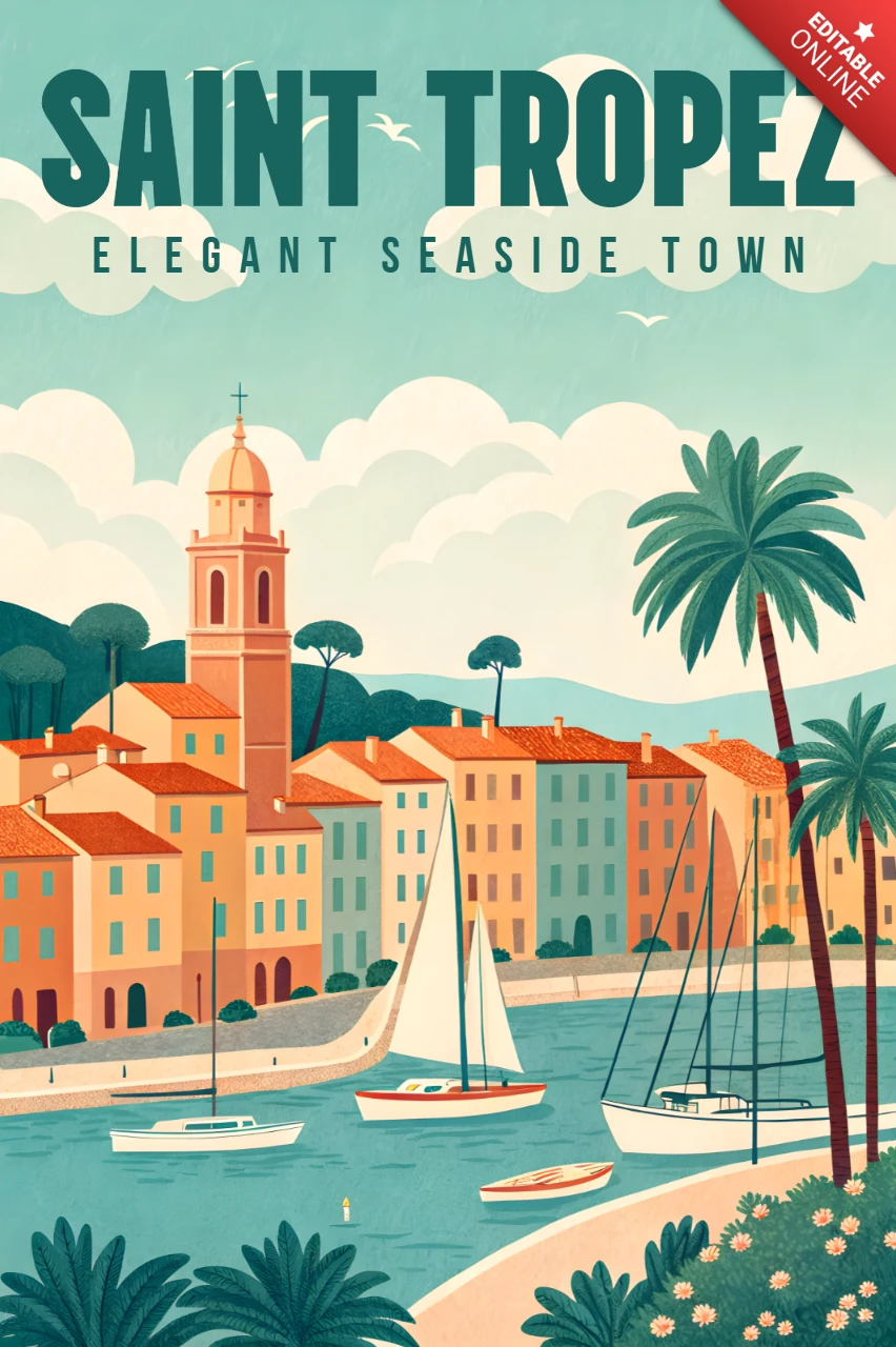 Saint Tropez Seaside Town Vintage Design Template for Travel Posters