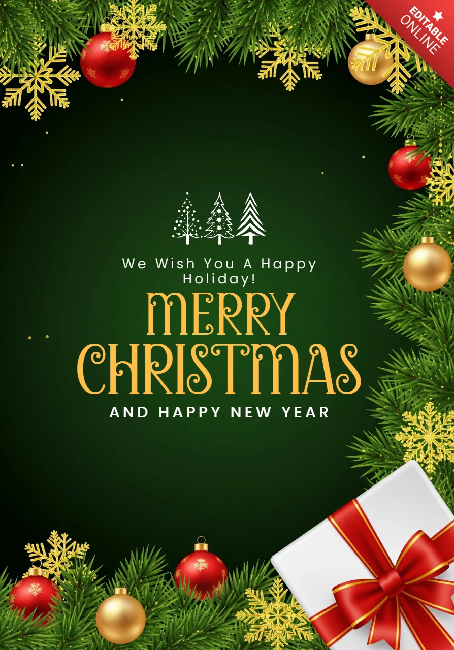 Koyu yeşil arka plan, çam dalları, altın kar taneleri ve beyaz hediye kutusu ile Noel tebrik kartı