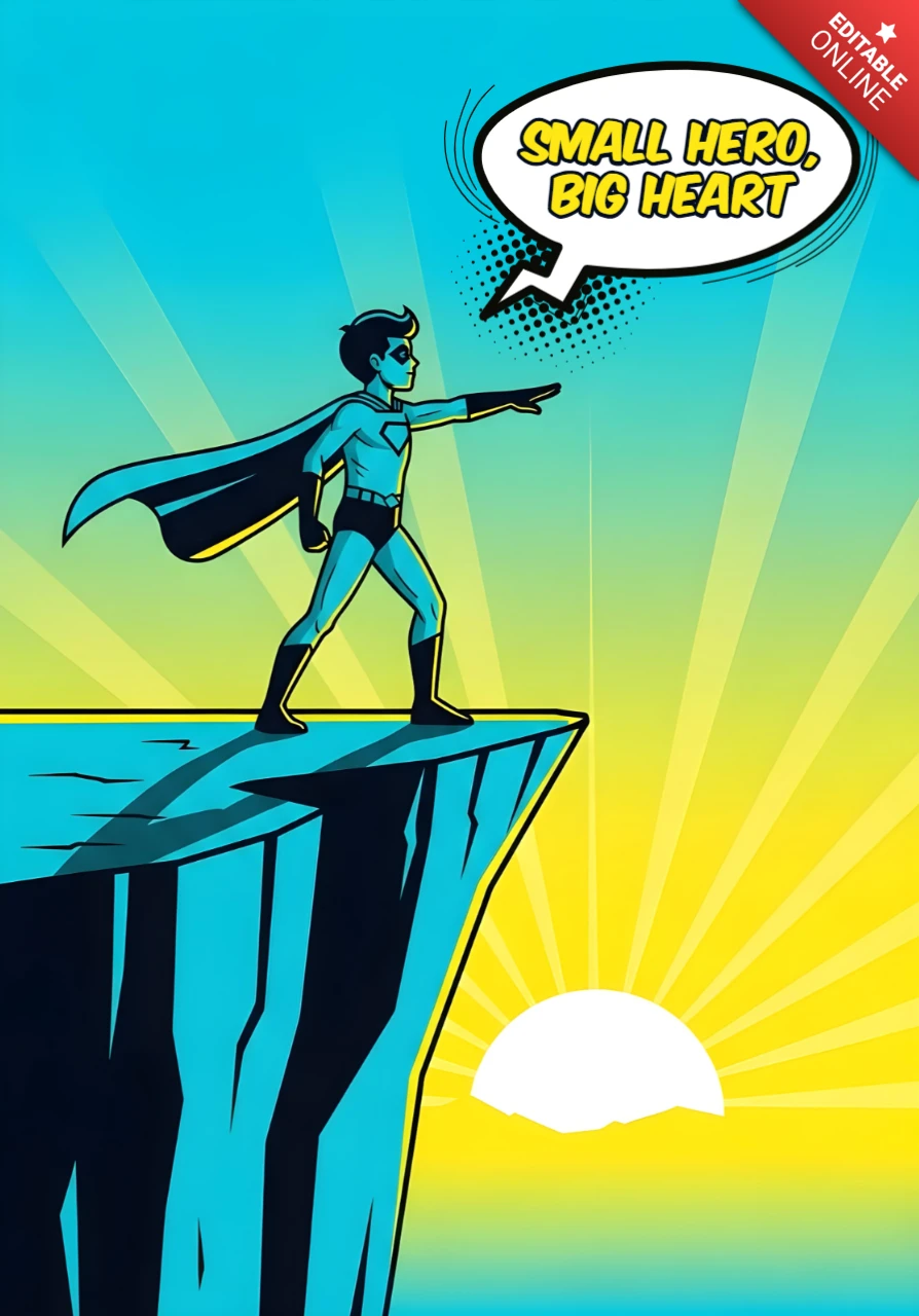 Kleiner Held, großes Herz, cartoonartiger Superheld mit Sonnenbrille & strahlendem Himmel Poster-Design-Vorlage