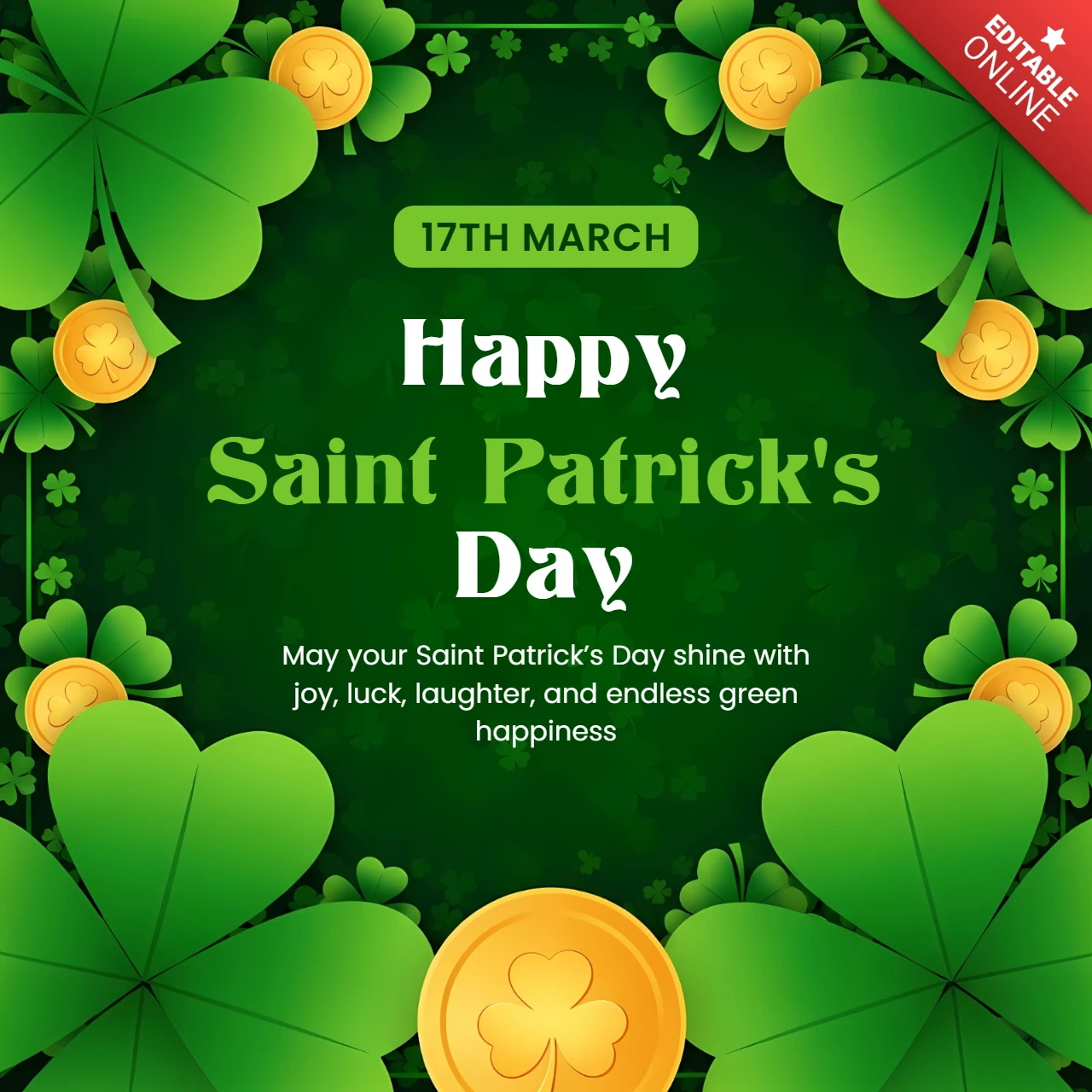 Feier-Vorlage zum St. Patrick's Day mit Kleeblättern und Goldmünzen-Design für Grußkarten