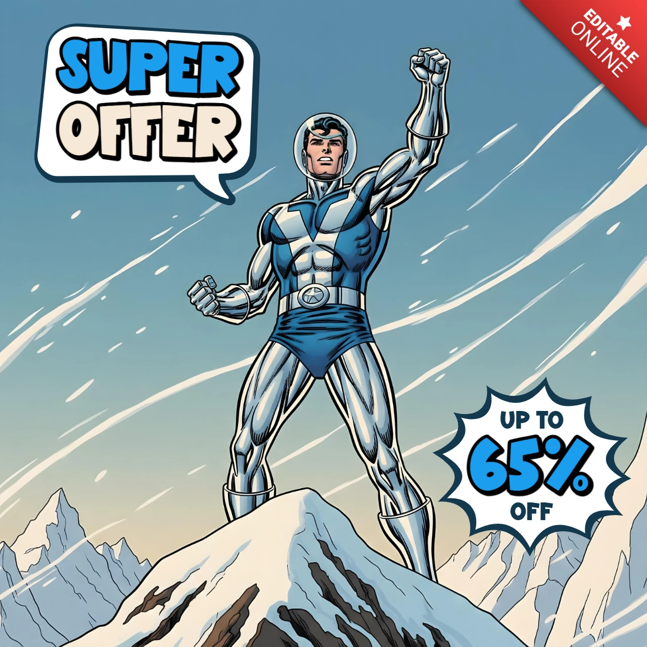 Superhero Comic Style Snow Peak Scene with Super Offer Design Template for Promotional Flyers