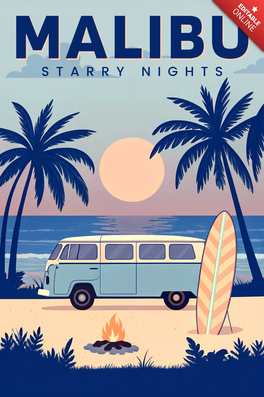 Design de vida em van, surf e praia para pôsteres retro temáticos de Malibu.