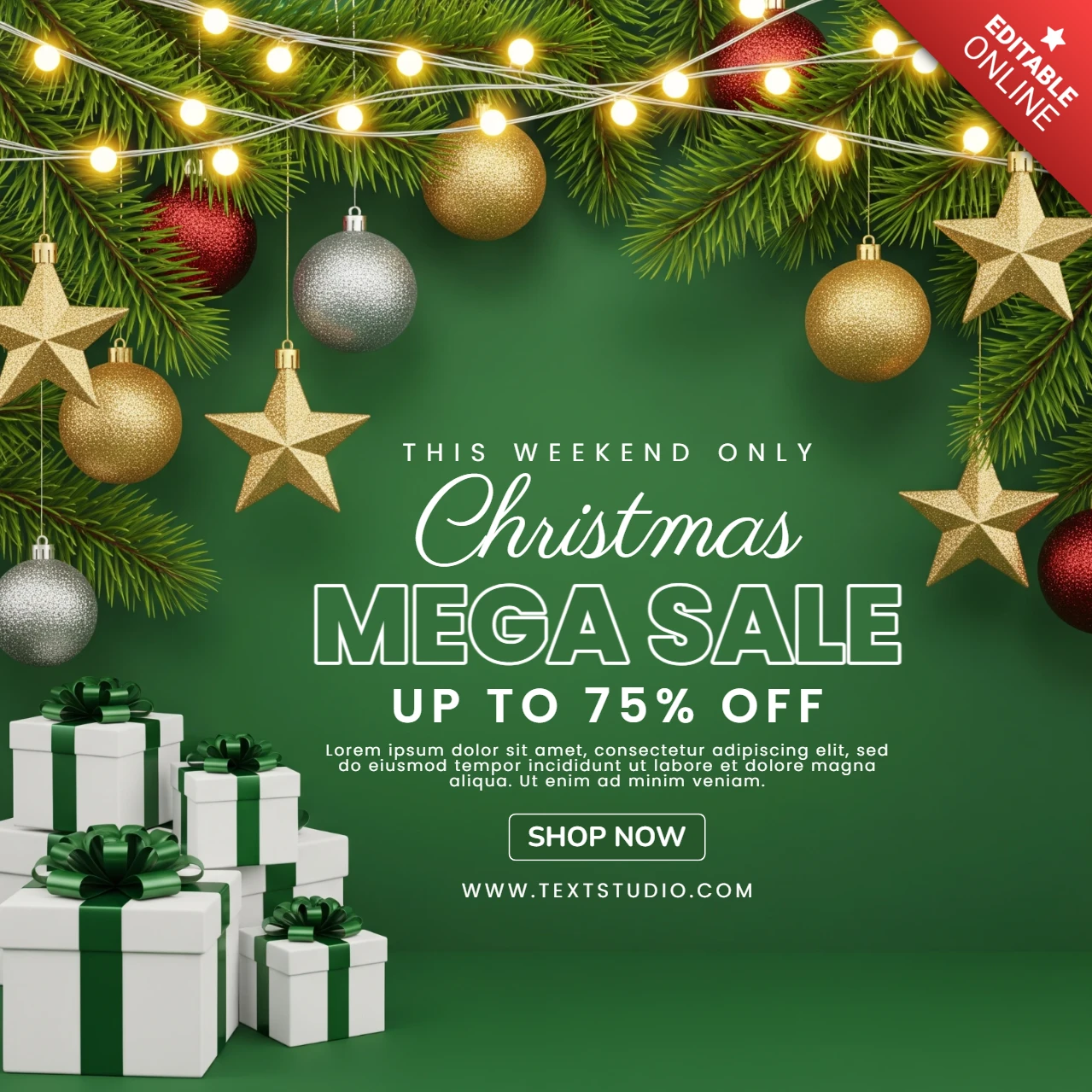 Christmas Mega Sale Poster Green Background with Pine Garland, Gift Boxes with Decorative Lights and Elegant Sparkle