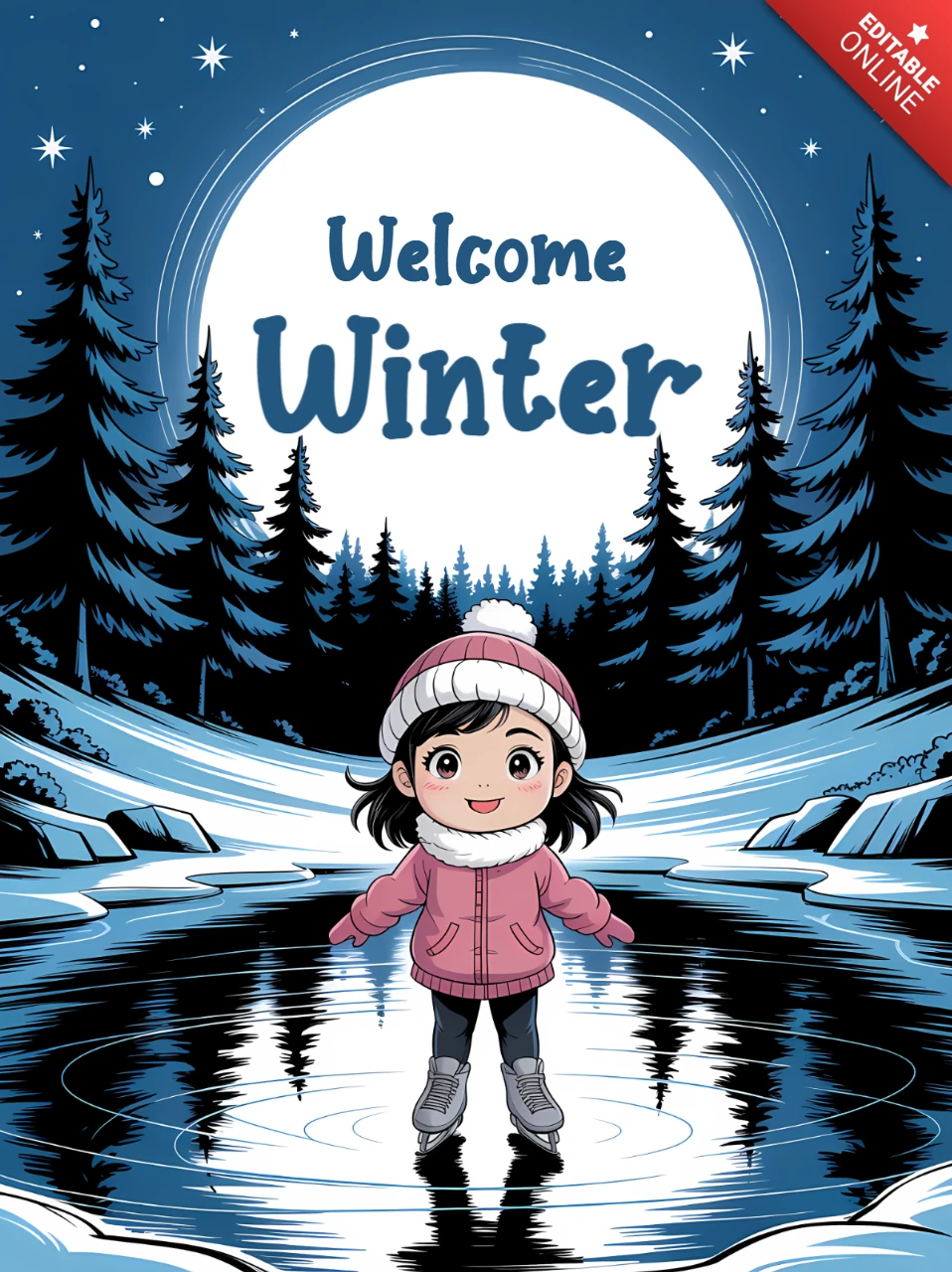 Winter Willkommensdesignvorlage für Kinder Eislaufen Grußkarte