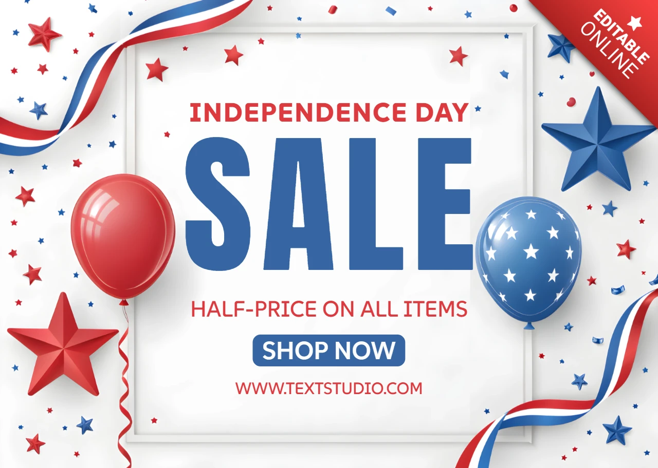 Template de design 3D para venda do dia da independência com balões e estrelas