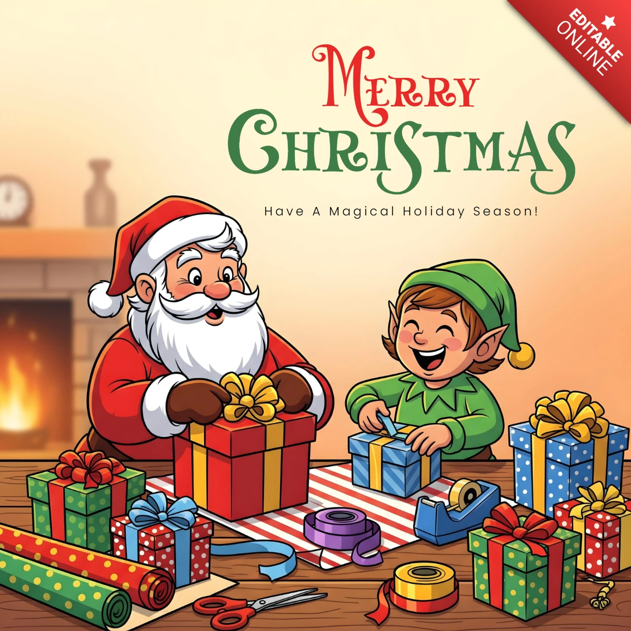 Póster de Navidad con Santa y un elfo envolviendo regalos junto a la chimenea con un diseño de decoraciones festivas.
