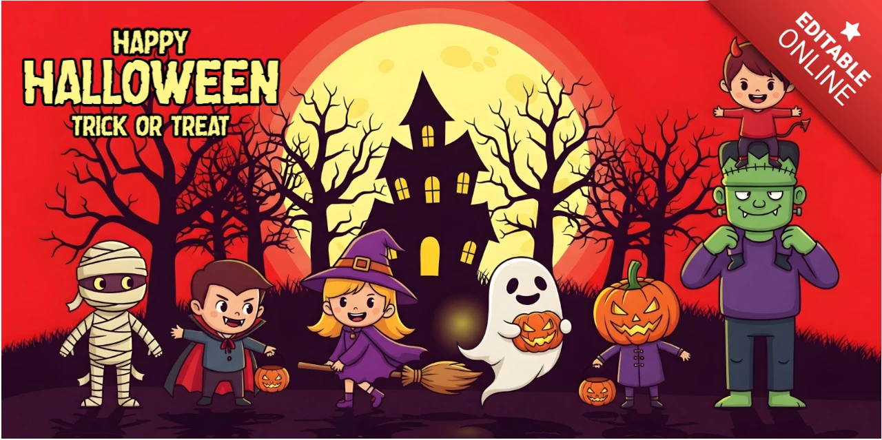 Halloween Party Colorful Costumes, Haunted Mansion & Candy Buckets YouTube Cover Design Template