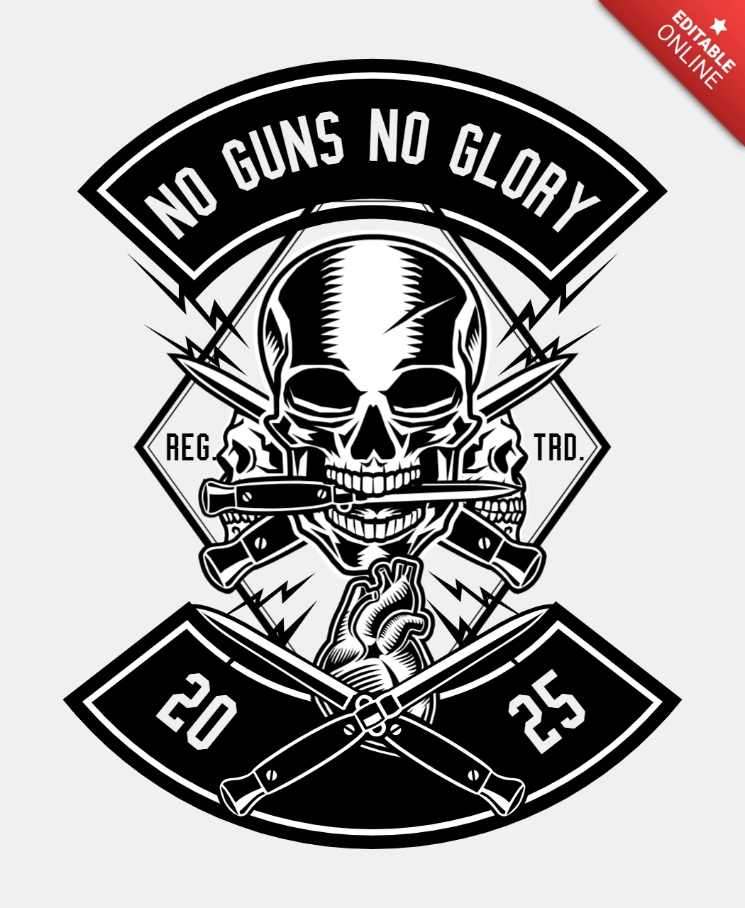 Modello di t-shirt con teschio No guns no glory