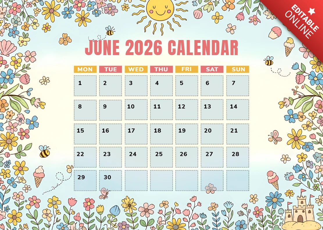 Juni 2026 Kinder Sommer Garten monatlicher Kalender Vorlage