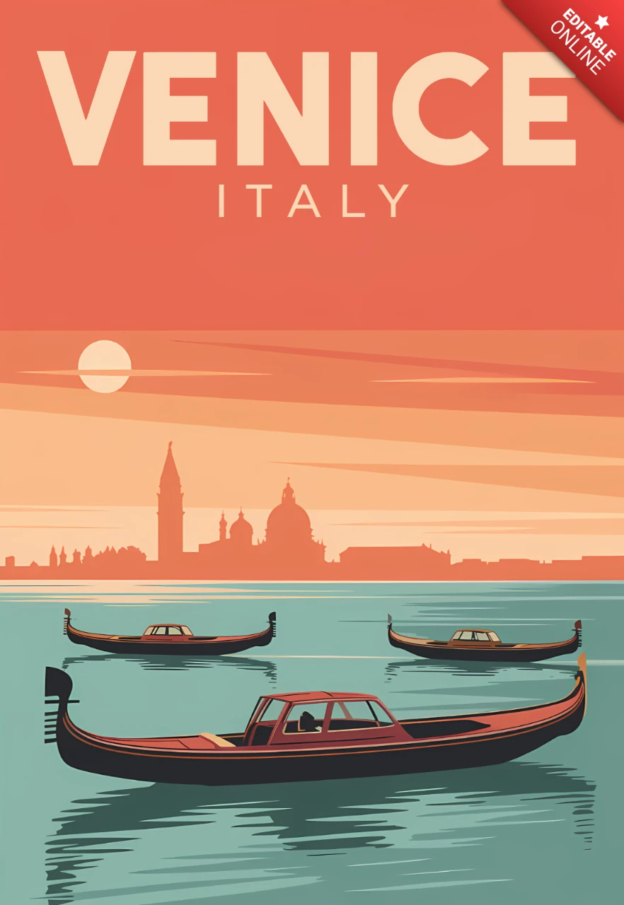 Venetië Italië retro ontwerpsjabloon met gondels voor reisposters