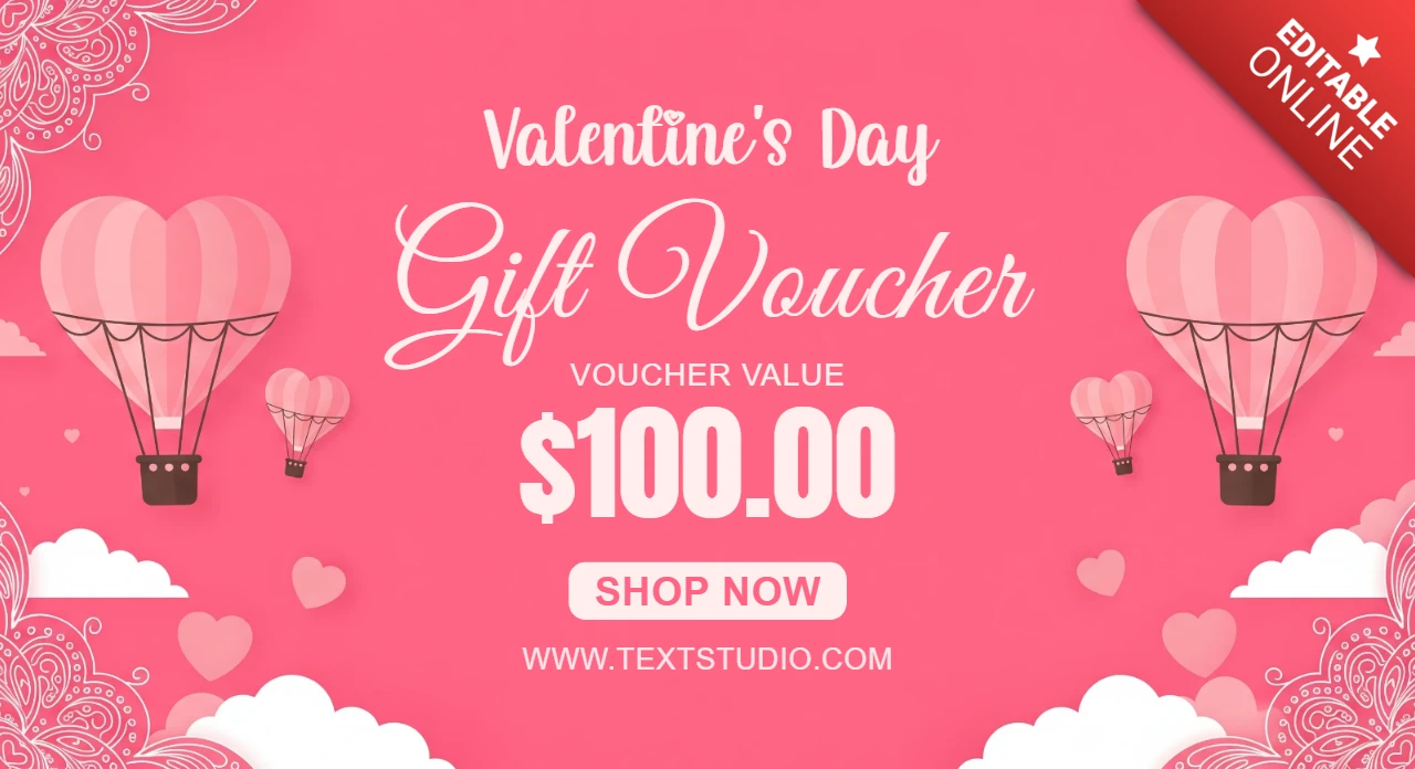 Diseño de vale de descuento para el Día de San Valentín con texto en negrita, globos en forma de corazón y elementos decorativos para ofertas románticas.