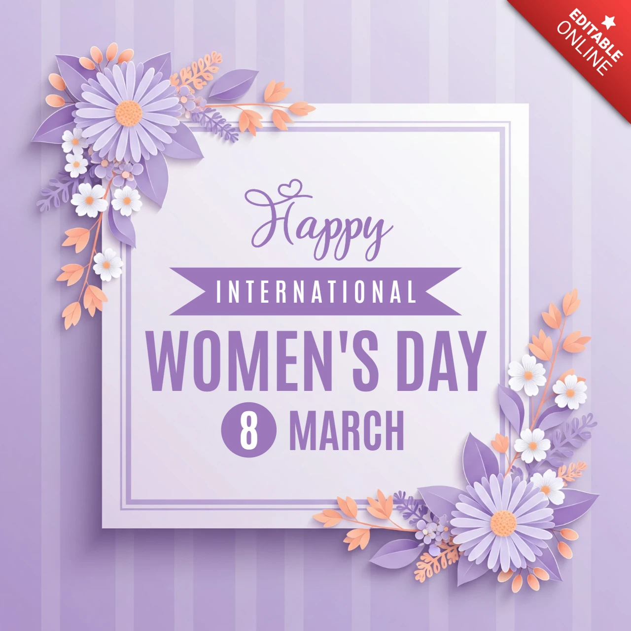 Carte de vœux pour la journée internationale des femmes avec un cadre floral, un fond rayé violet et un design élégant.